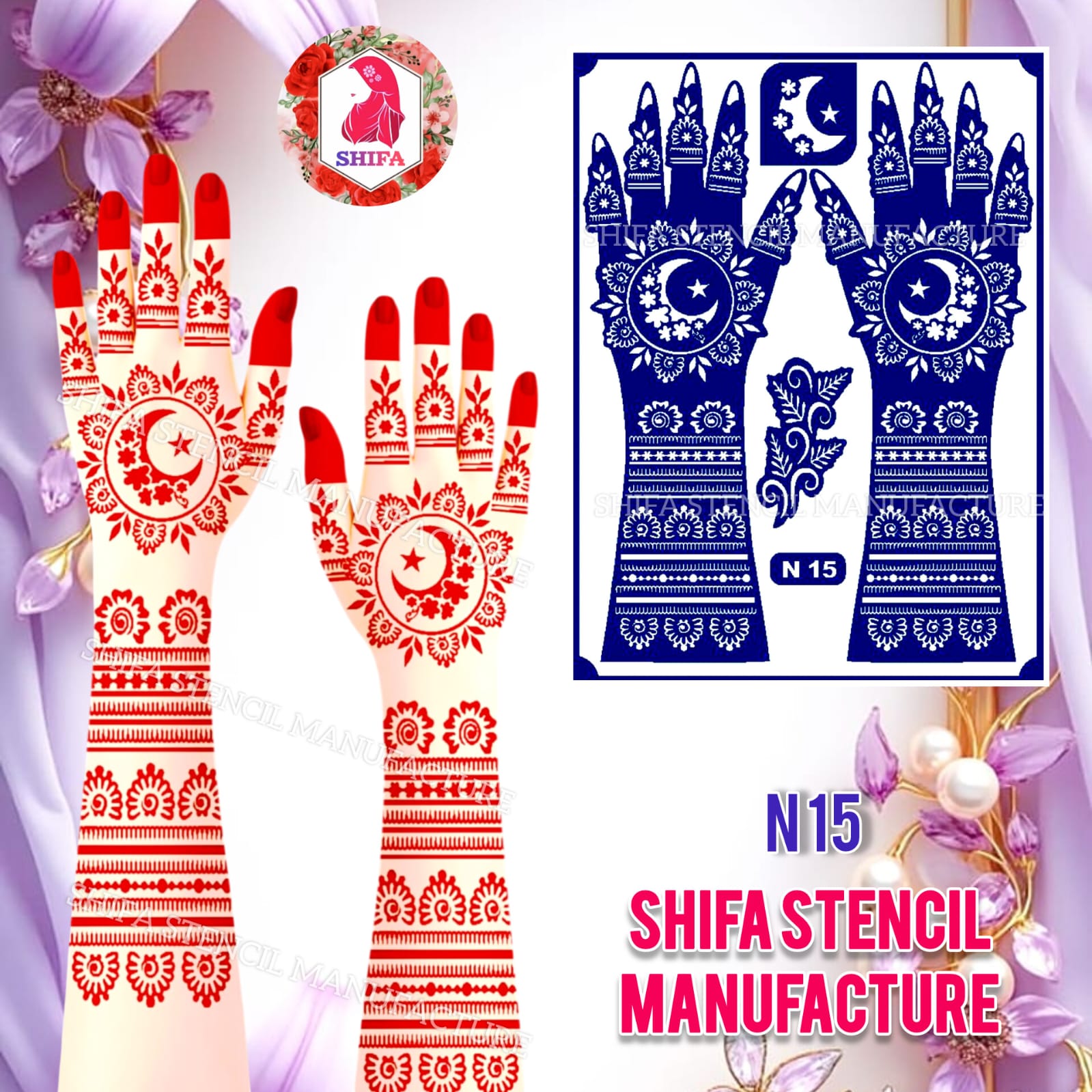 N 15 Crescent Crown Radiance Sticker Overview Henna Stencil - Shifa Stencil